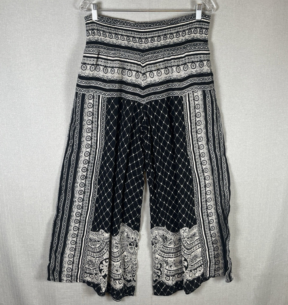 Free People Size M Boho Wide Leg Pants Smocked Gauze Boho Festival Black White